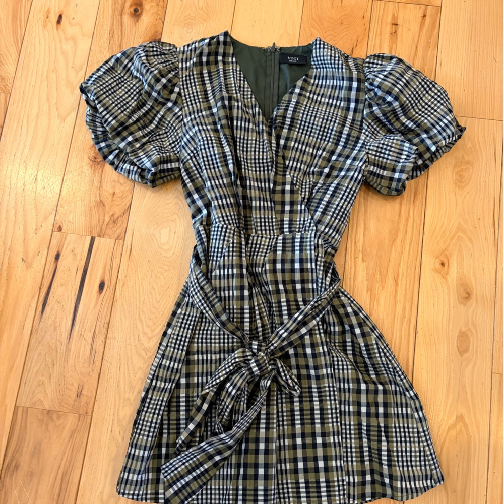 Vici Black and White Plaid Dress with Tan Accents